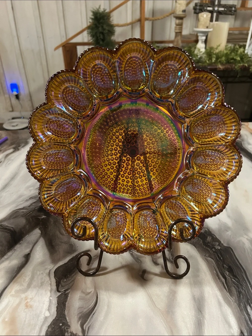 Indiana Glass Co. Iridescent Amber Carnival Hobnail Plate Deviled Egg Platter